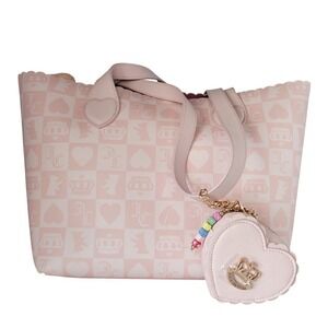 Juicy Couture Tote Bag Women OS Pink New 2-in-1 Checkered Heart Pouch Set
